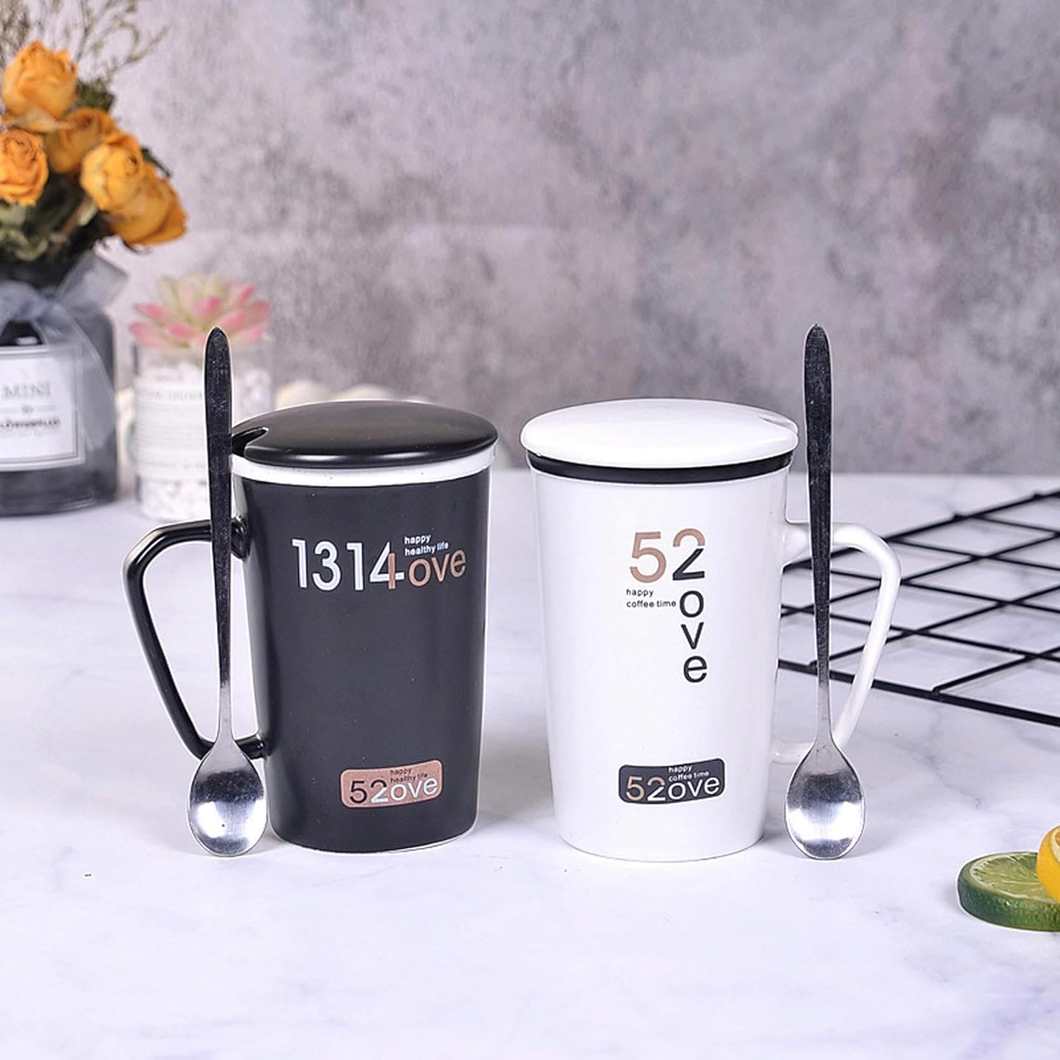 Lovely Couple Mug, Black White Stamping Mug with Lid Spoon, Couple Ceramic Mugs, Holiday Coffee Cup, Love Ceramic Water Mug, Creative Couple Mug with Lid with Spoon Lovely Couple Mug, Black White Stamping Mug with Lid Spoon, Couple Ceramic Mugs, Holiday Coffee Cup, Love Ceramic Water Mug, Creative Couple Mug with Lid with Spoon